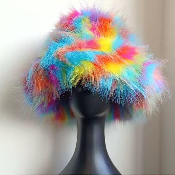 Men’s Green Animal Print Faux Fur Costume Y2K Rave Fuzzy Furry Bucket Hat - Picture 3 of 6